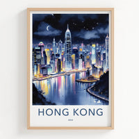 Hong Kong Poster - China Art Print - Night Cityscape Moon Wall Art