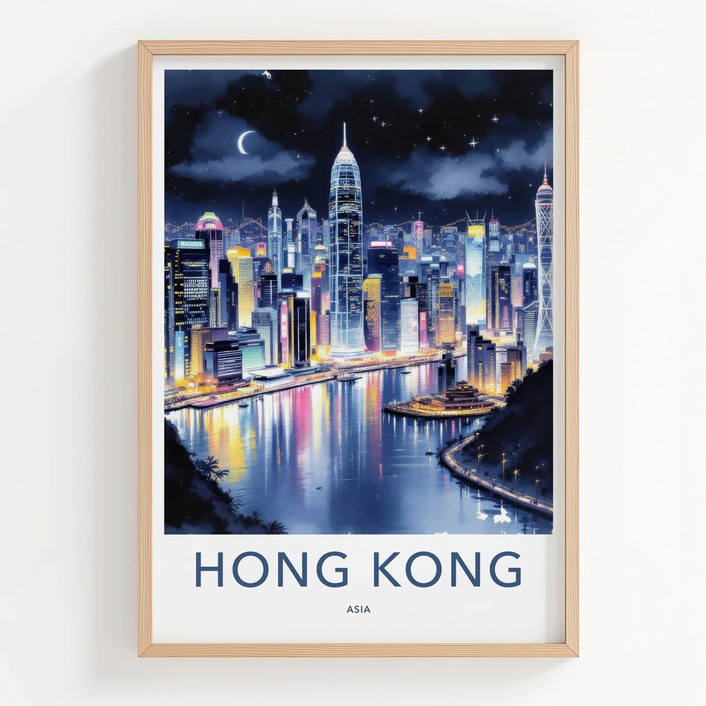 Hong Kong Poster - China Art Print - Night Cityscape Moon Wall Art
