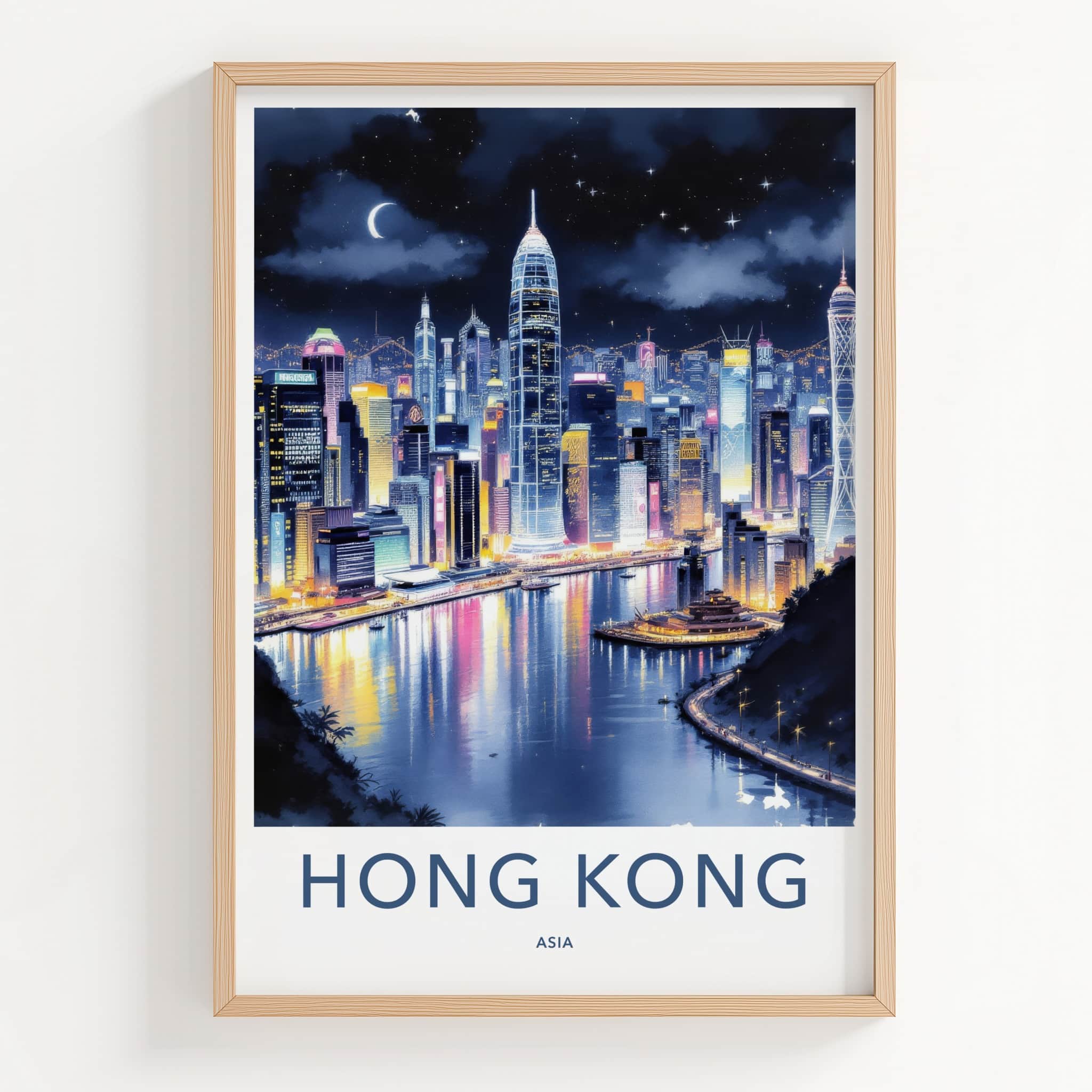 Hong Kong Poster - China Art Print - Night Cityscape Moon Wall Art