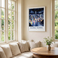 Hong Kong Poster - China Art Print - Night Cityscape Moon Wall Art