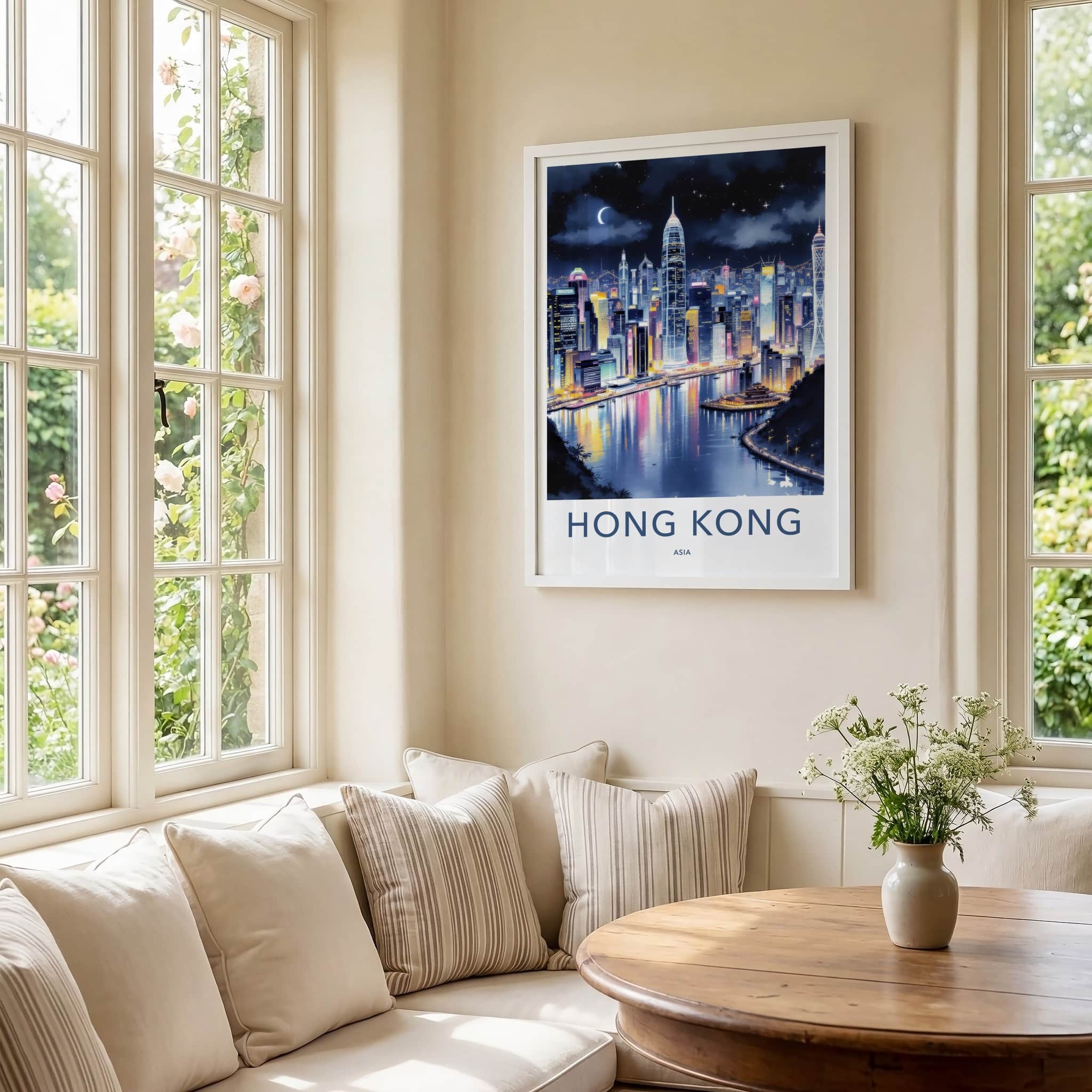 Hong Kong Poster - China Art Print - Night Cityscape Moon Wall Art