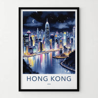 Hong Kong Poster - China Art Print - Night Cityscape Moon Wall Art
