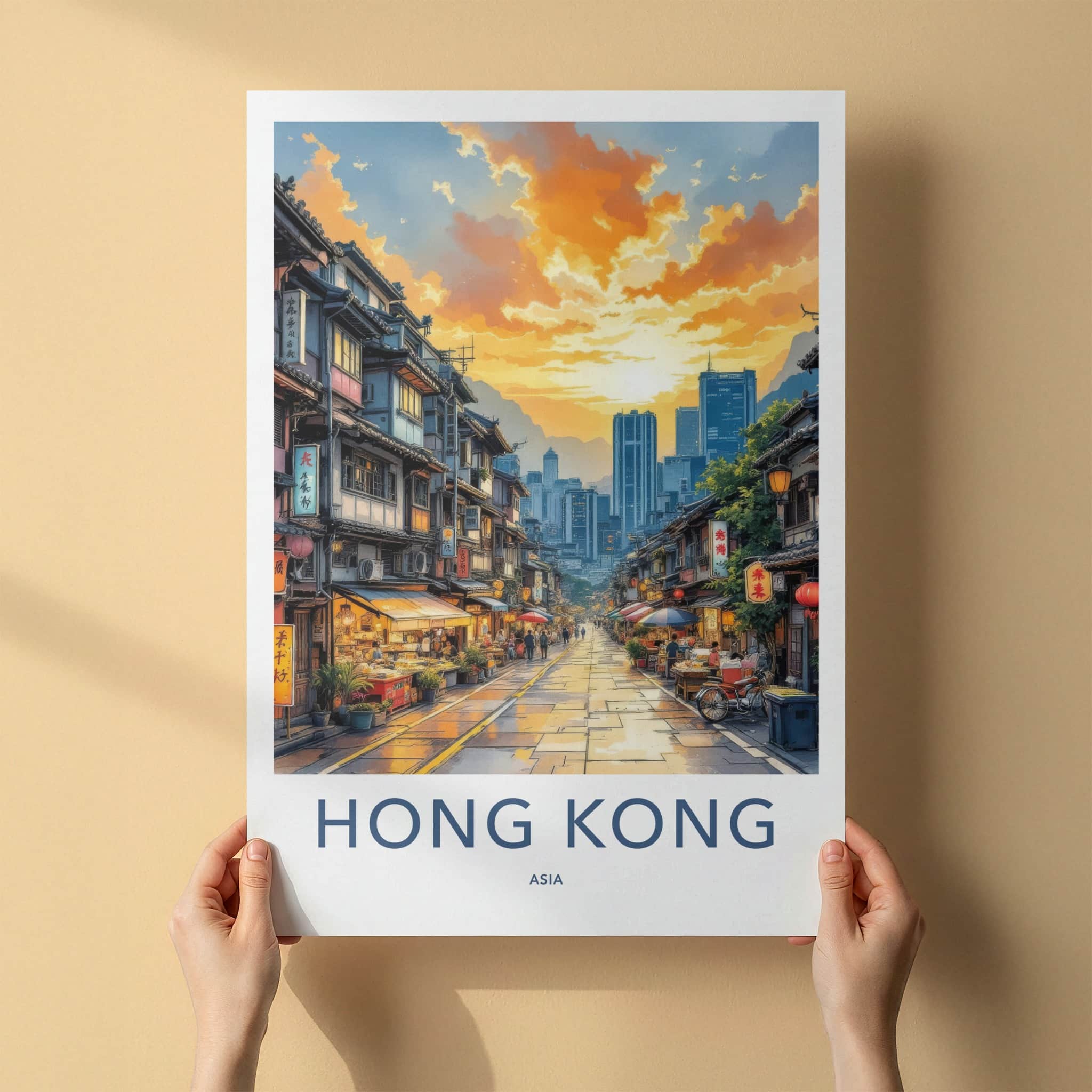 Hong Kong Poster - China Art Print - Vibrant Market Street Home Decor