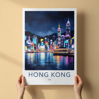 Hong Kong Poster - China Travel Art - Vibrant Night Skyline Home Decor