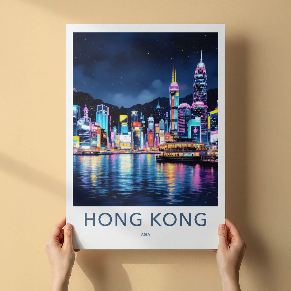 Hong Kong Poster - China Travel Art - Vibrant Night Skyline Home Decor