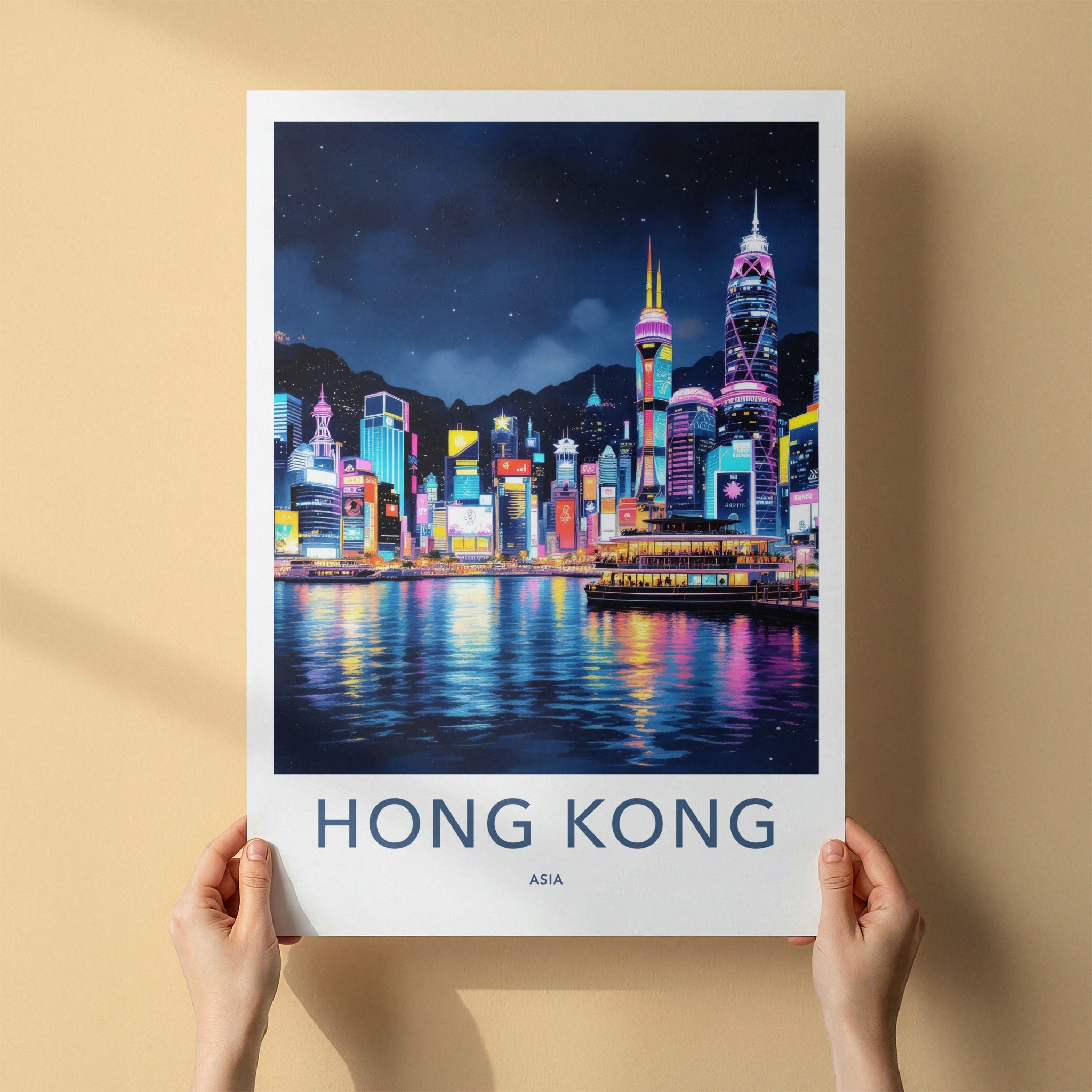 Hong Kong Poster - China Travel Art - Vibrant Night Skyline Home Decor