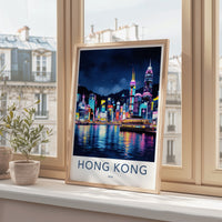 Hong Kong Poster - China Travel Art - Vibrant Night Skyline Home Decor