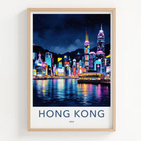 Hong Kong Poster - China Travel Art - Vibrant Night Skyline Home Decor