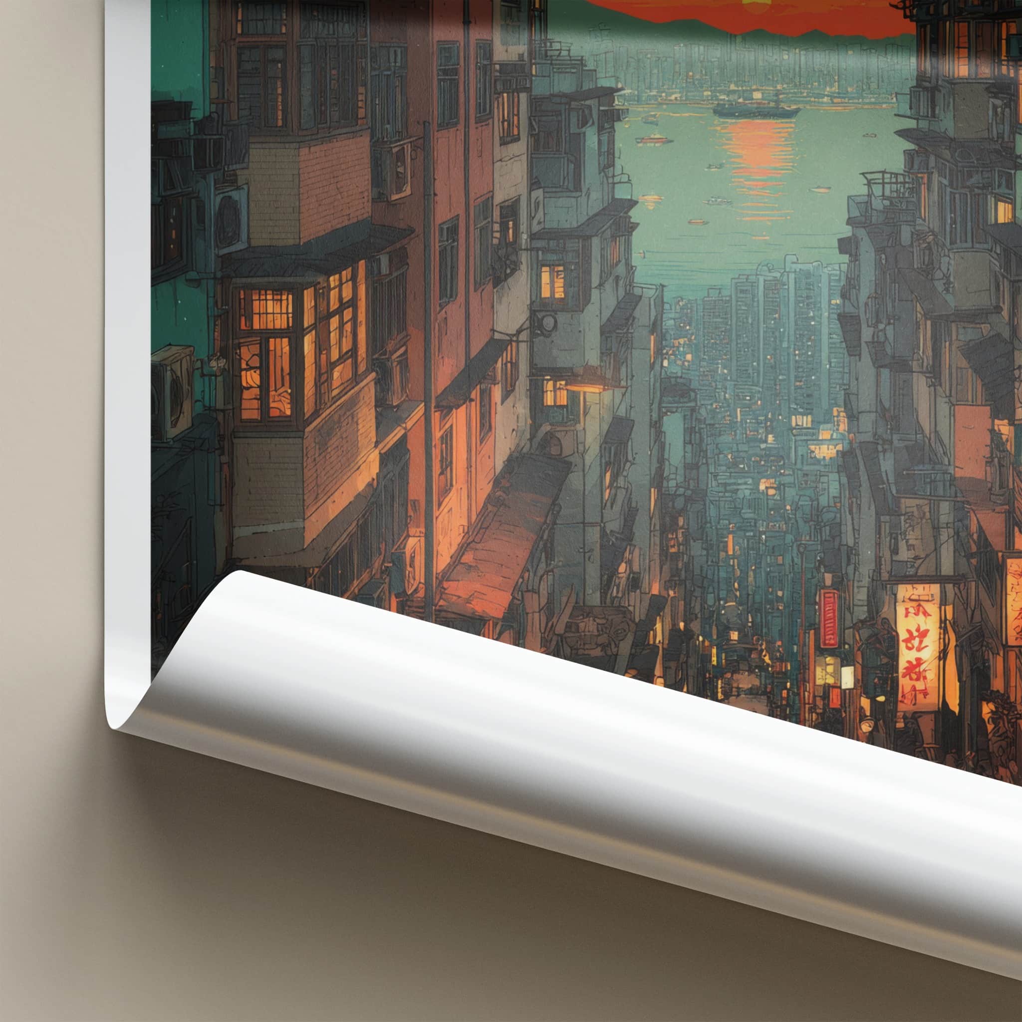 Hong Kong Poster - Hong Kong Busy Street Sunset Art Print Home Decor