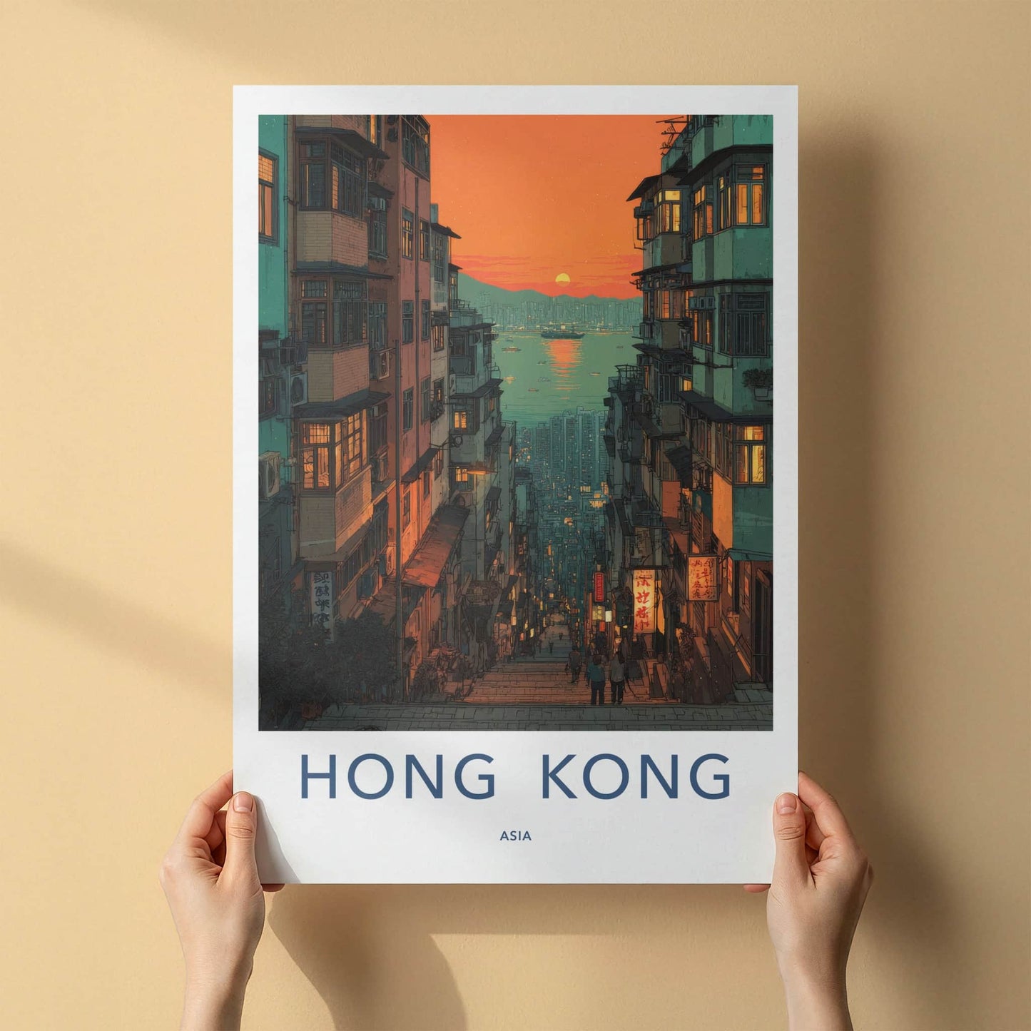 Hong Kong Poster - Hong Kong Busy Street Sunset Art Print Home Decor