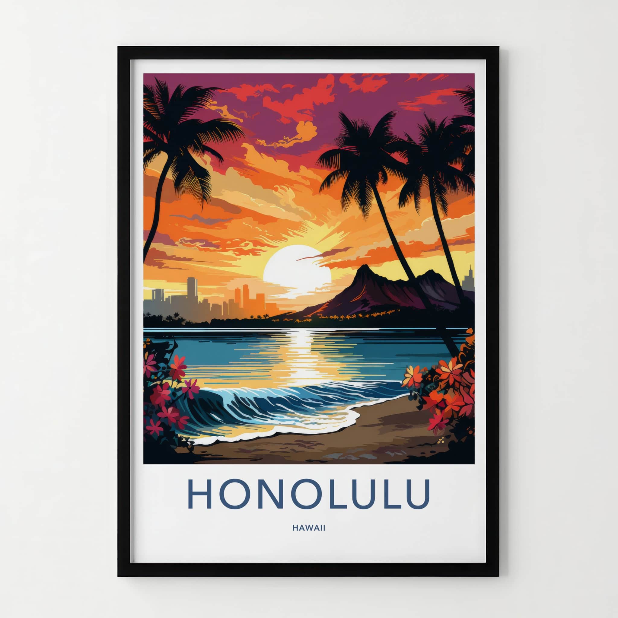 Honolulu Poster - Hawaii Art Print - Waikiki Beach Sunset Wall Decor