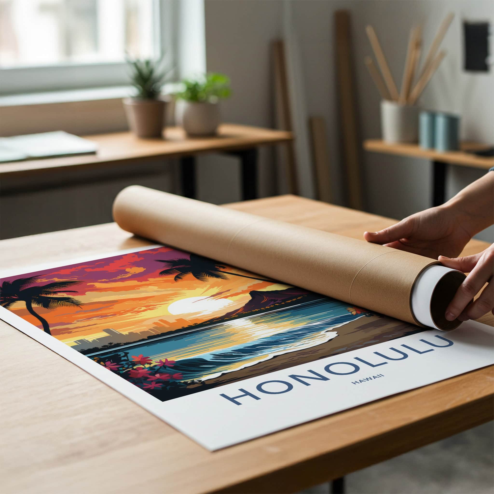 Honolulu Poster - Hawaii Art Print - Waikiki Beach Sunset Wall Decor