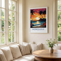 Honolulu Poster - Hawaii Art Print - Waikiki Beach Sunset Wall Decor