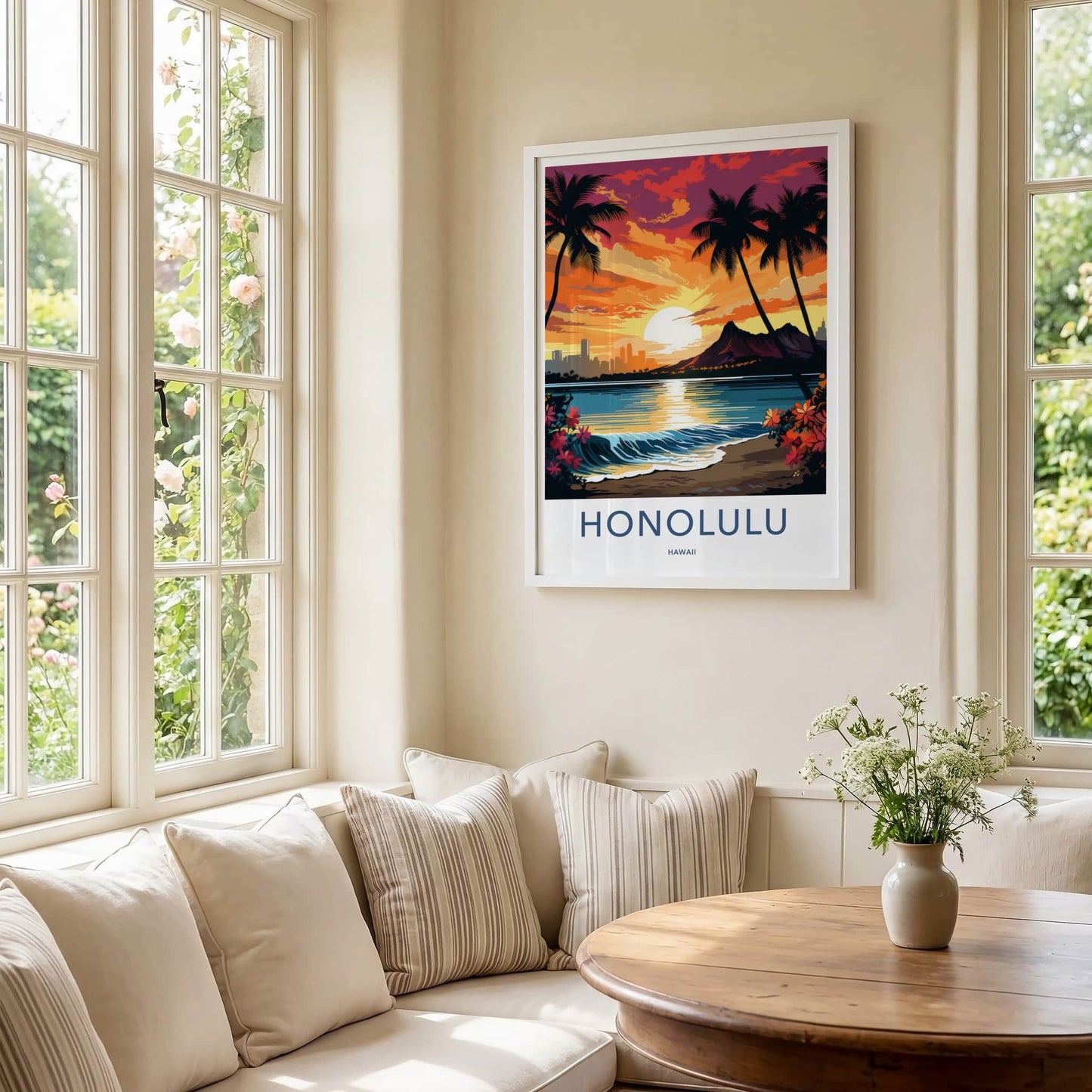 Honolulu Poster - Hawaii Art Print - Waikiki Beach Sunset Wall Decor