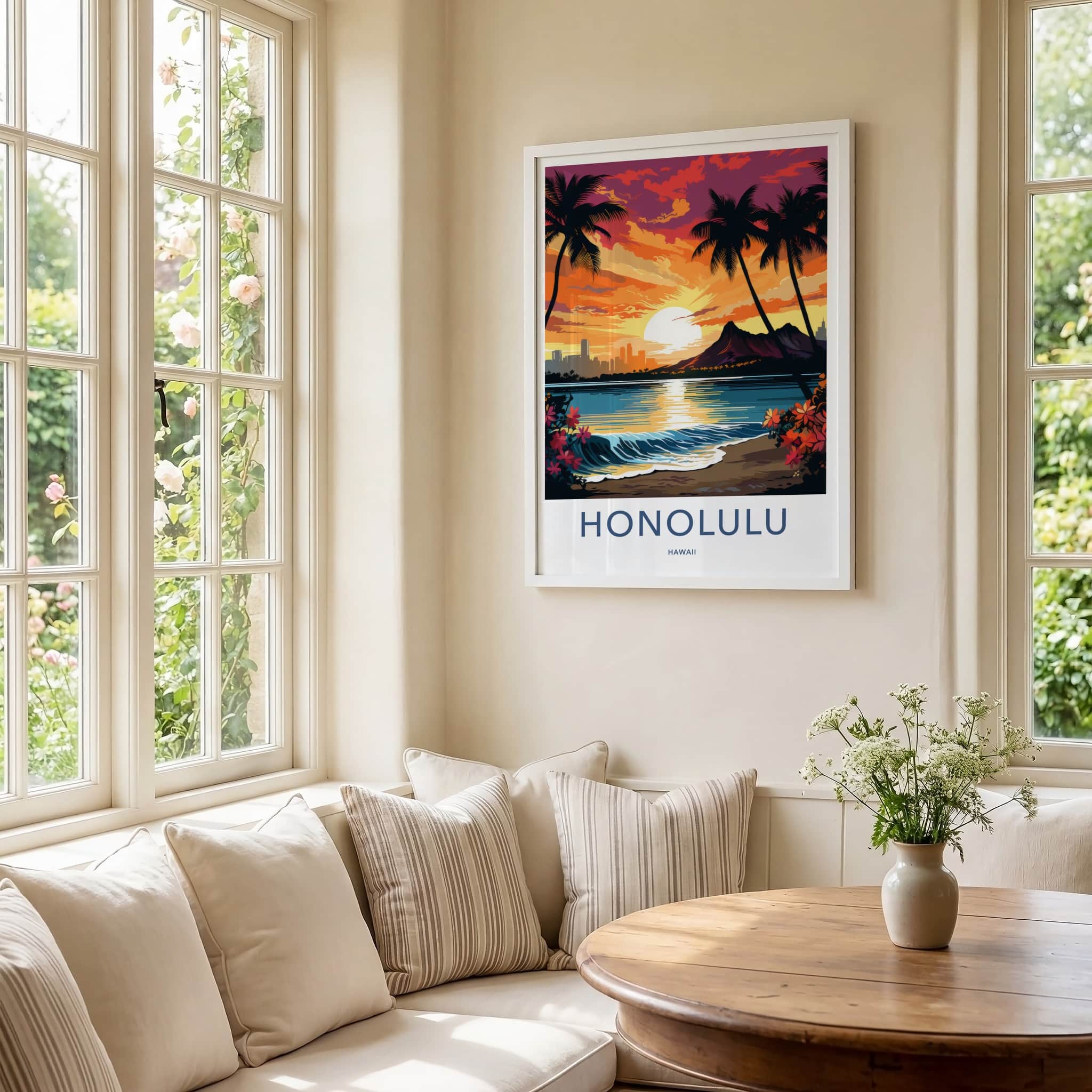 Honolulu Poster - Hawaii Art Print - Waikiki Beach Sunset Wall Decor