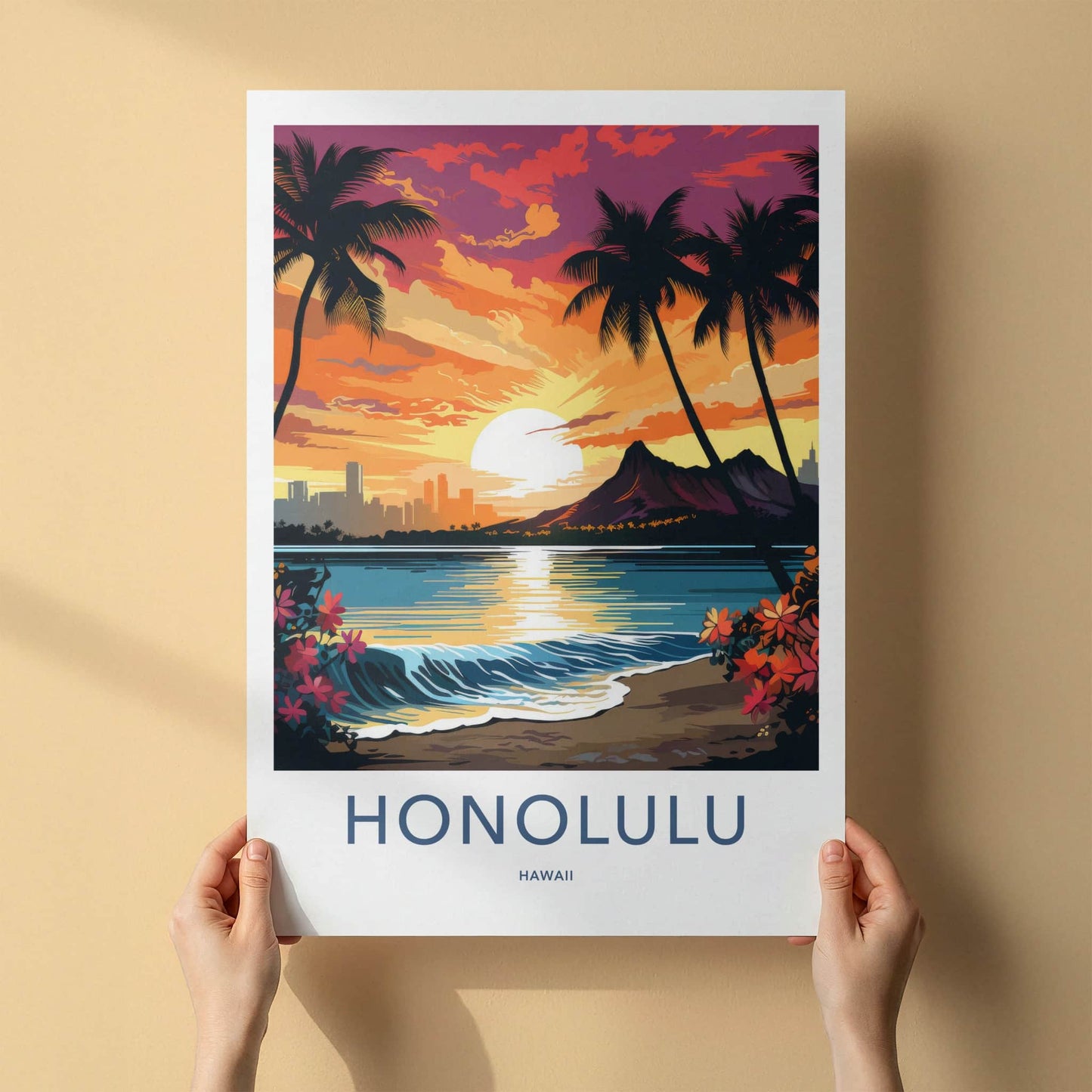 Honolulu Poster - Hawaii Art Print - Waikiki Beach Sunset Wall Decor