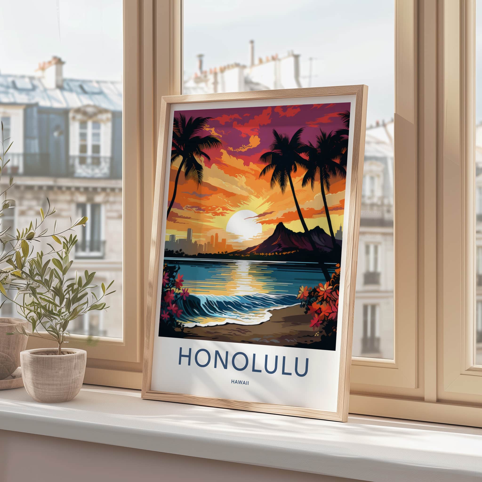 Honolulu Poster - Hawaii Art Print - Waikiki Beach Sunset Wall Decor