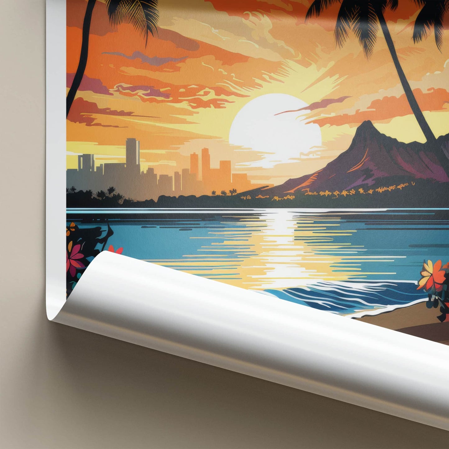 Honolulu Poster - Hawaii Art Print - Waikiki Beach Sunset Wall Decor
