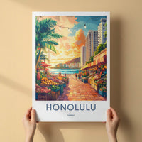 Honolulu Poster - Hawaii Travel Art - Beachside Market Sunset Home Decor