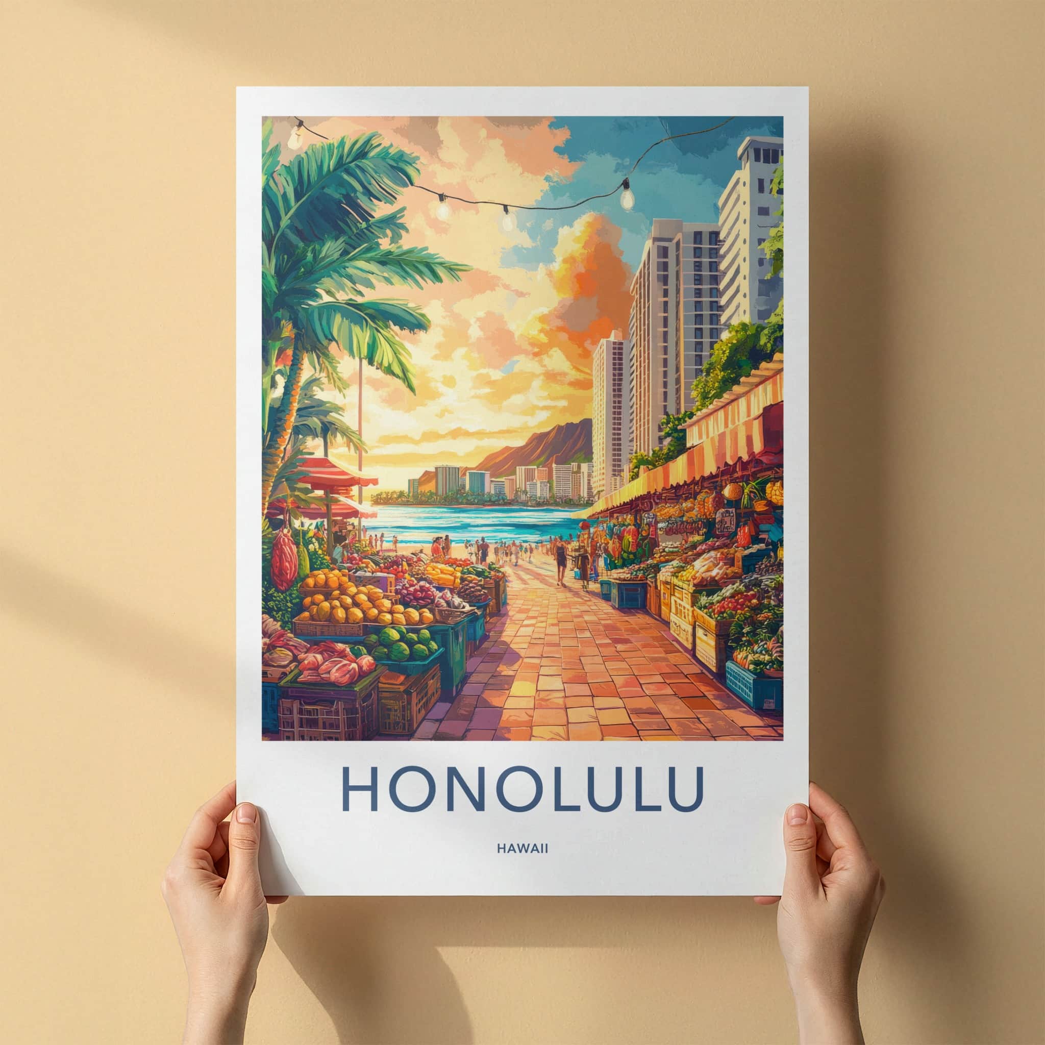 Honolulu Poster - Hawaii Travel Art - Beachside Market Sunset Home Decor