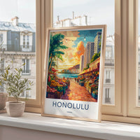 Honolulu Poster - Hawaii Travel Art - Beachside Market Sunset Home Decor