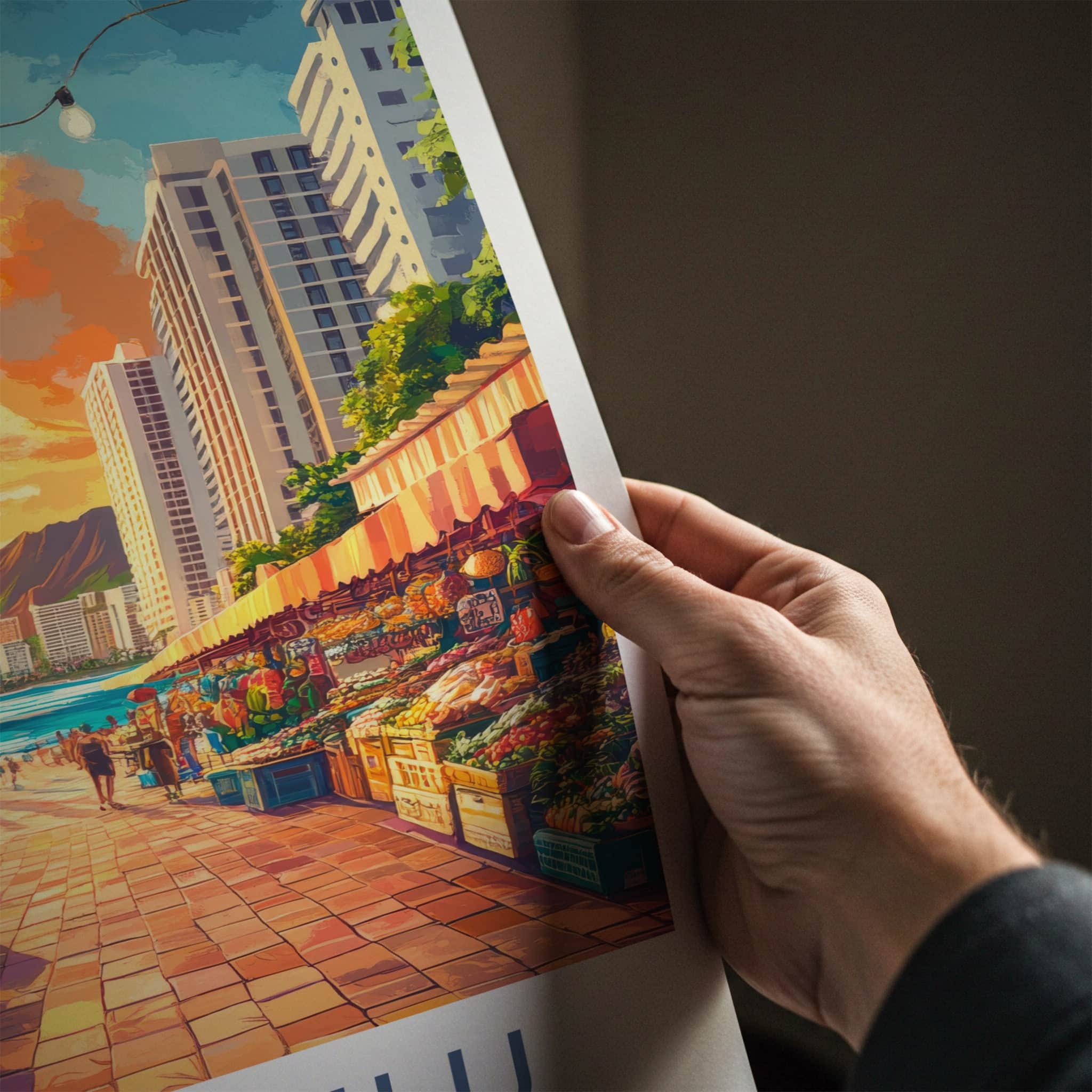 Honolulu Poster - Hawaii Travel Art - Beachside Market Sunset Home Decor