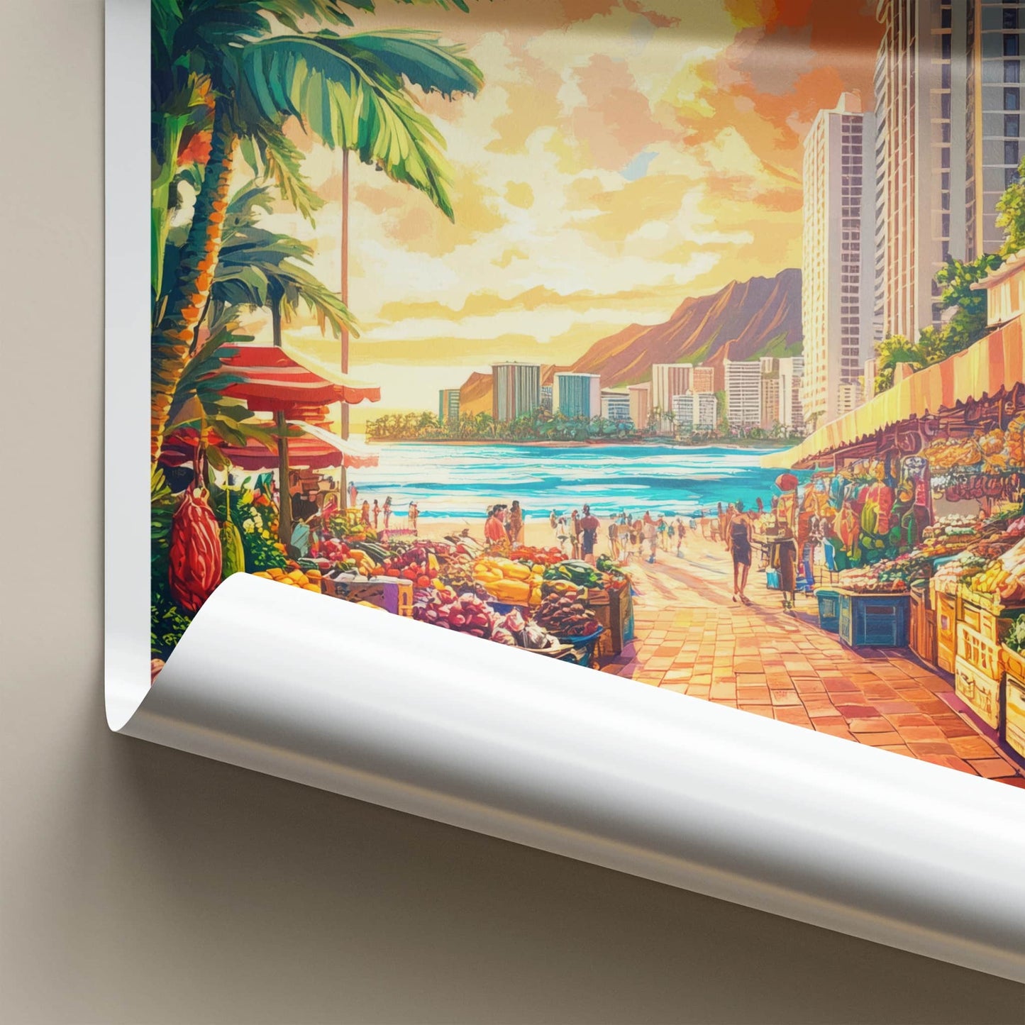 Honolulu Poster - Hawaii Travel Art - Beachside Market Sunset Home Decor