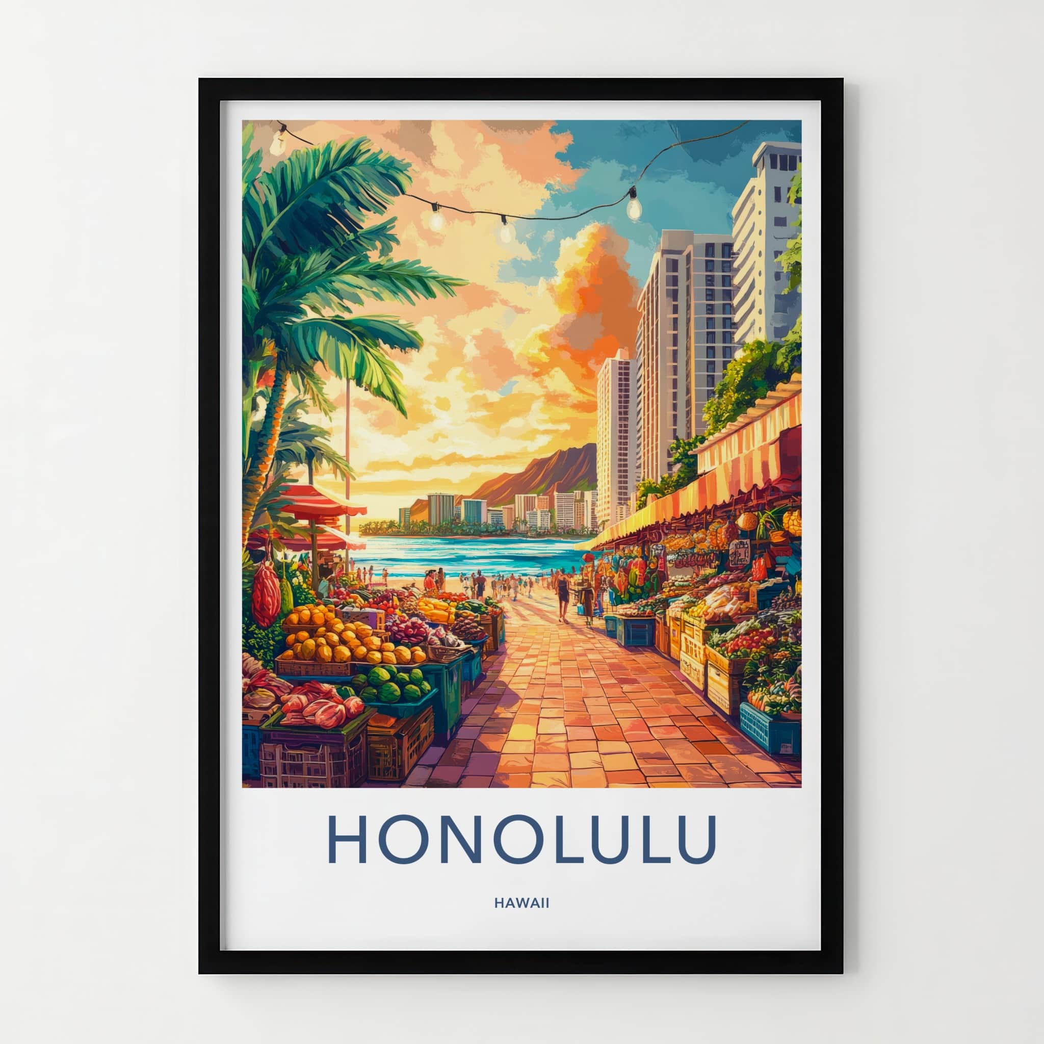 Honolulu Poster - Hawaii Travel Art - Beachside Market Sunset Home Decor