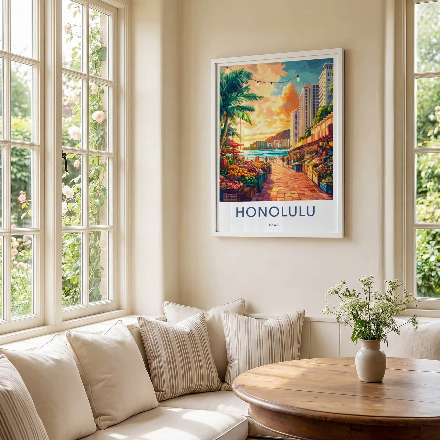 Honolulu Poster - Hawaii Travel Art - Beachside Market Sunset Home Decor
