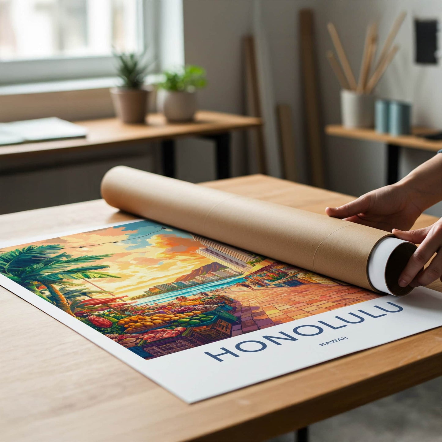 Honolulu Poster - Hawaii Travel Art - Beachside Market Sunset Home Decor