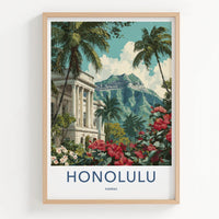 Honolulu Poster - Hawaii Travel Art - Hibiscus Palace Mountain Home Decor