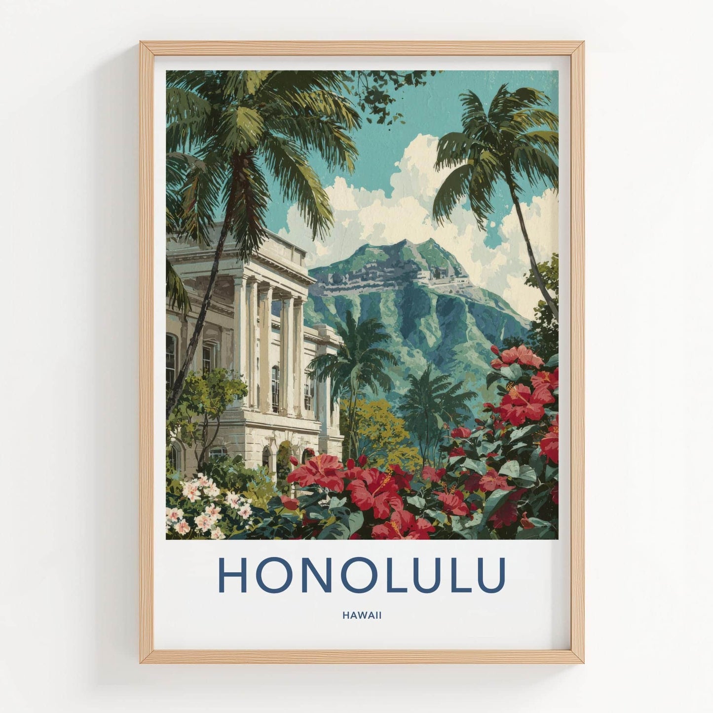 Honolulu Poster - Hawaii Travel Art - Hibiscus Palace Mountain Home Decor