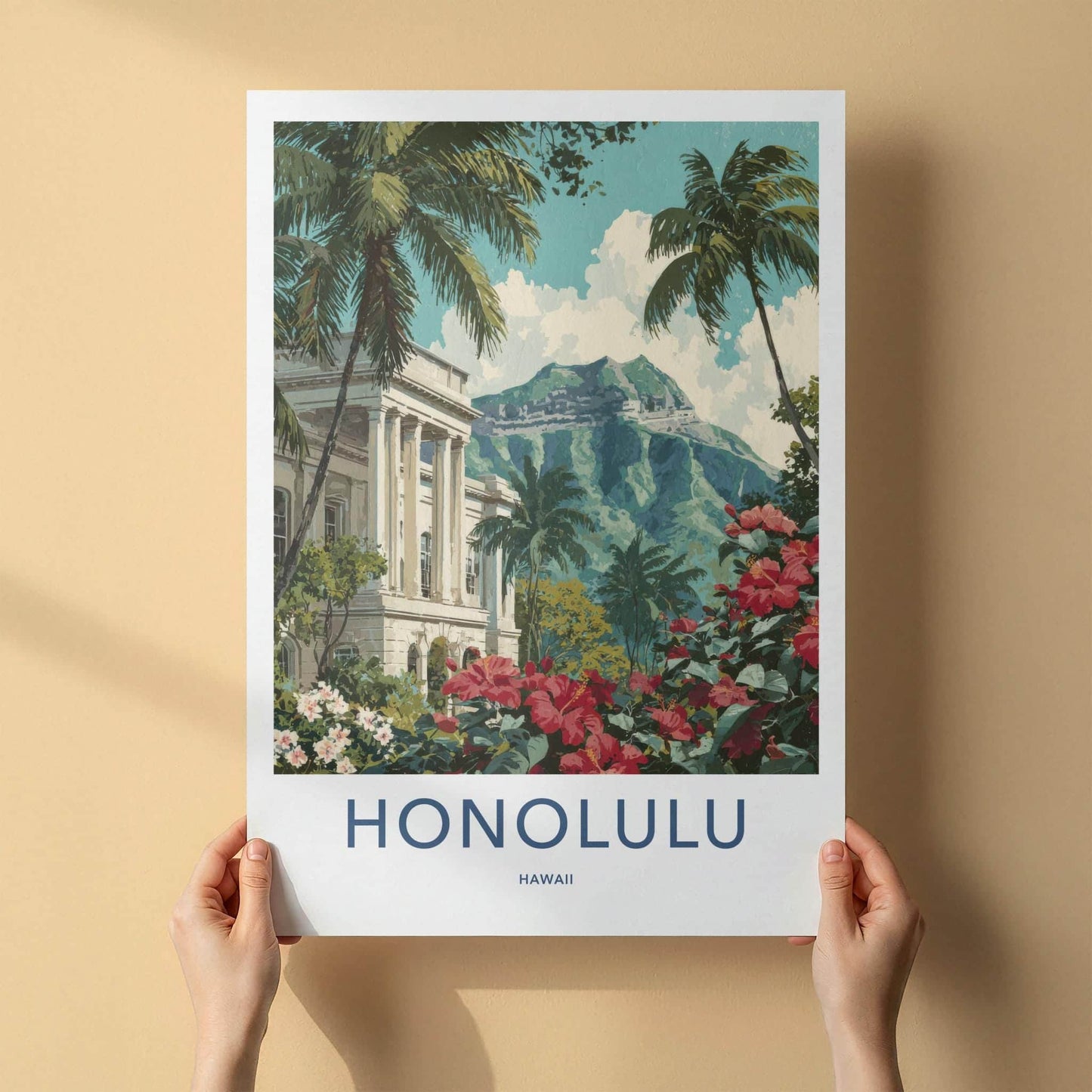 Honolulu Poster - Hawaii Travel Art - Hibiscus Palace Mountain Home Decor