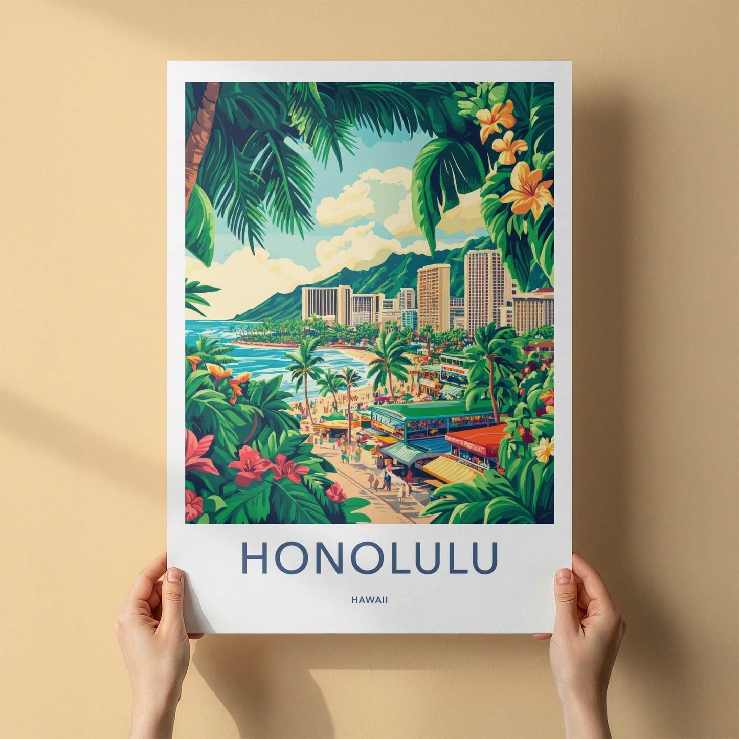 Honolulu Poster - Hawaii Travel Art - Lush Beachfront Town Home Decor