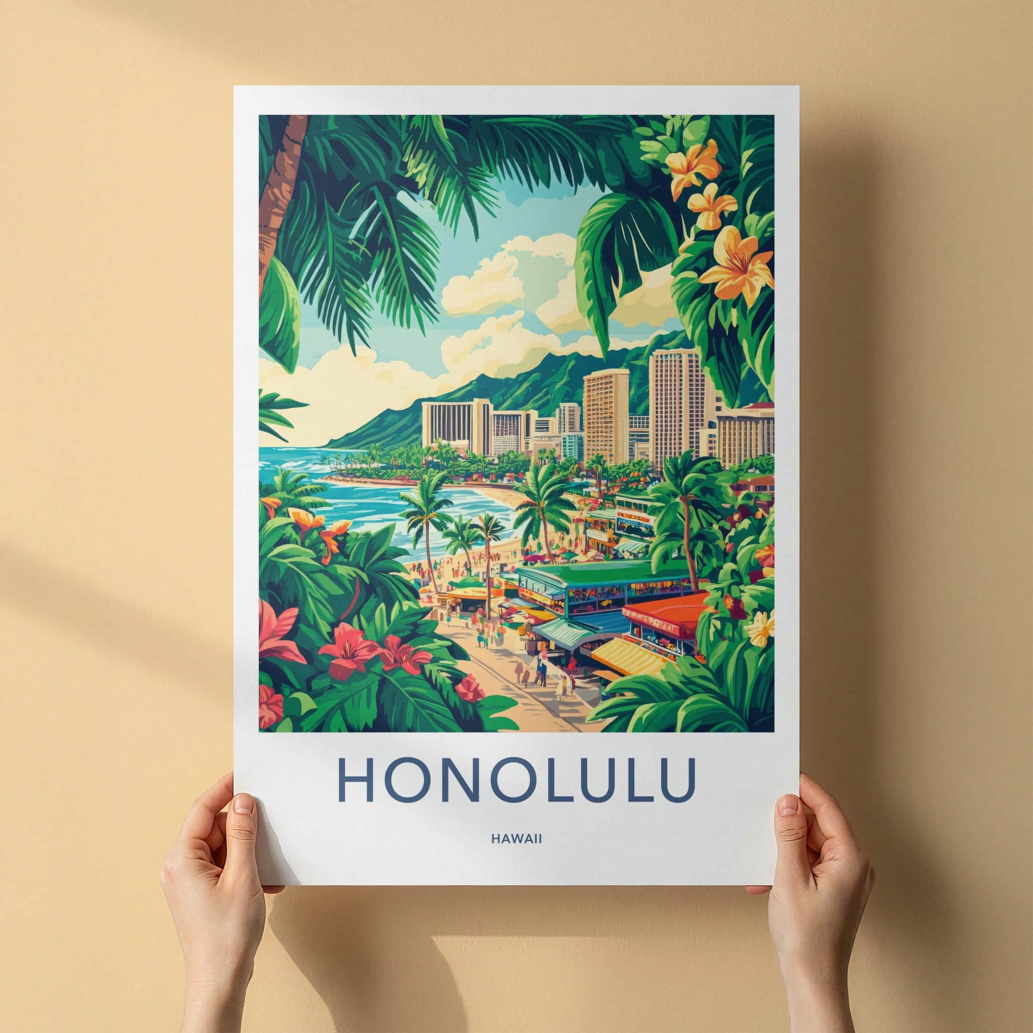 Honolulu Poster - Hawaii Travel Art - Lush Beachfront Town Home Decor
