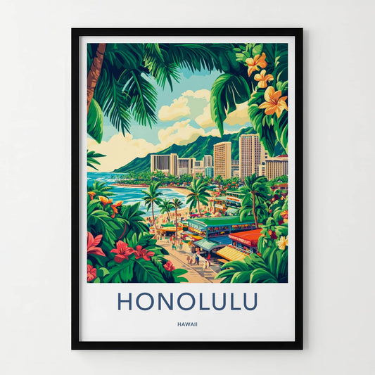 Honolulu Poster - Hawaii Travel Art - Lush Beachfront Town Home Decor
