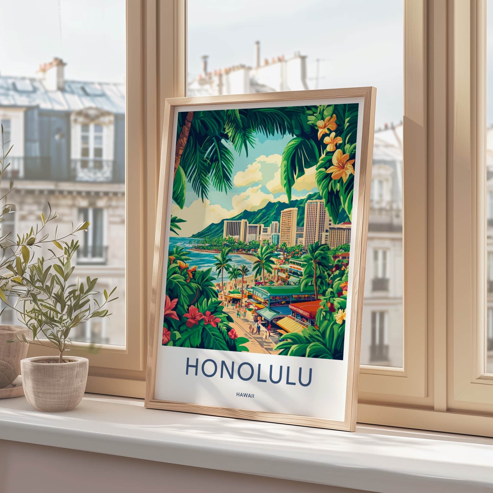 Honolulu Poster - Hawaii Travel Art - Lush Beachfront Town Home Decor