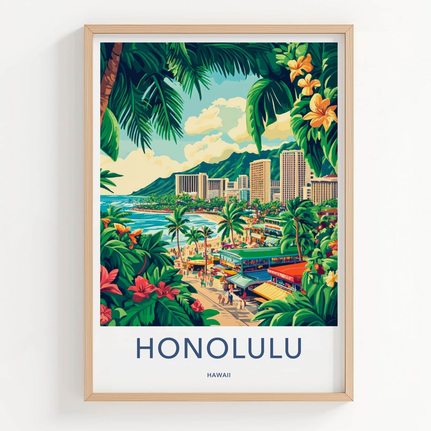 Honolulu Poster - Hawaii Travel Art - Lush Beachfront Town Home Decor