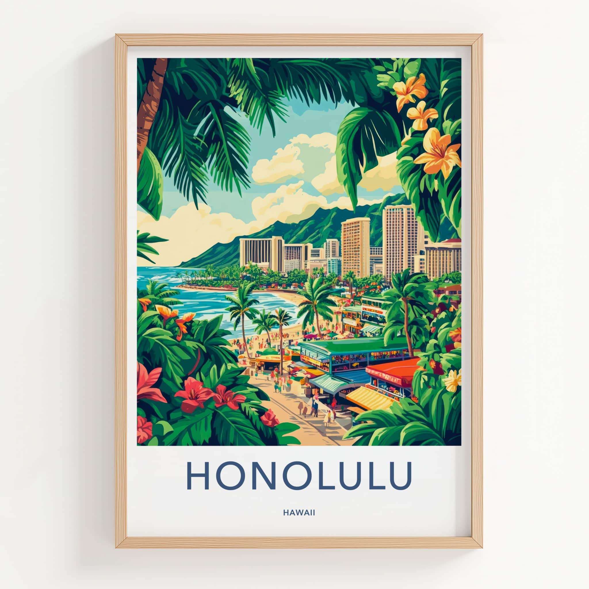 Honolulu Poster - Hawaii Travel Art - Lush Beachfront Town Home Decor