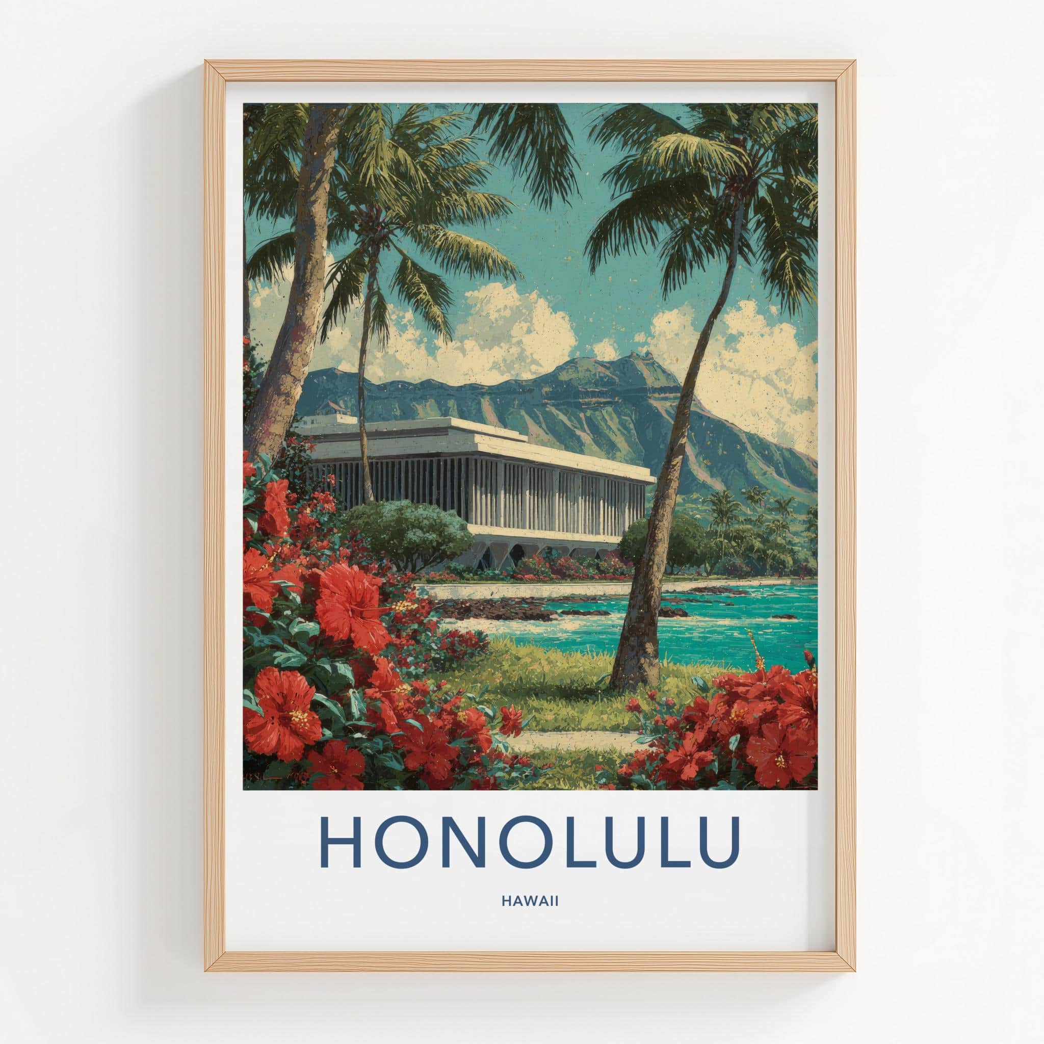 Honolulu Poster - Hawaii Travel Art - Palms Red Hibiscus Wall Decor