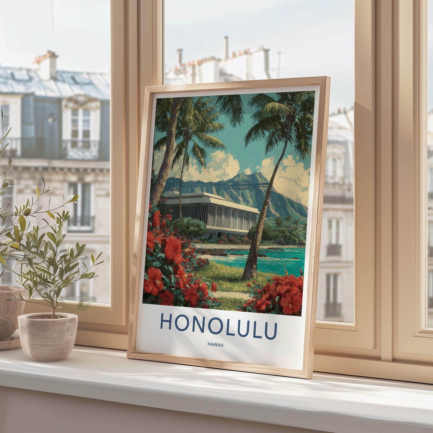 Honolulu Poster - Hawaii Travel Art - Palms Red Hibiscus Wall Decor