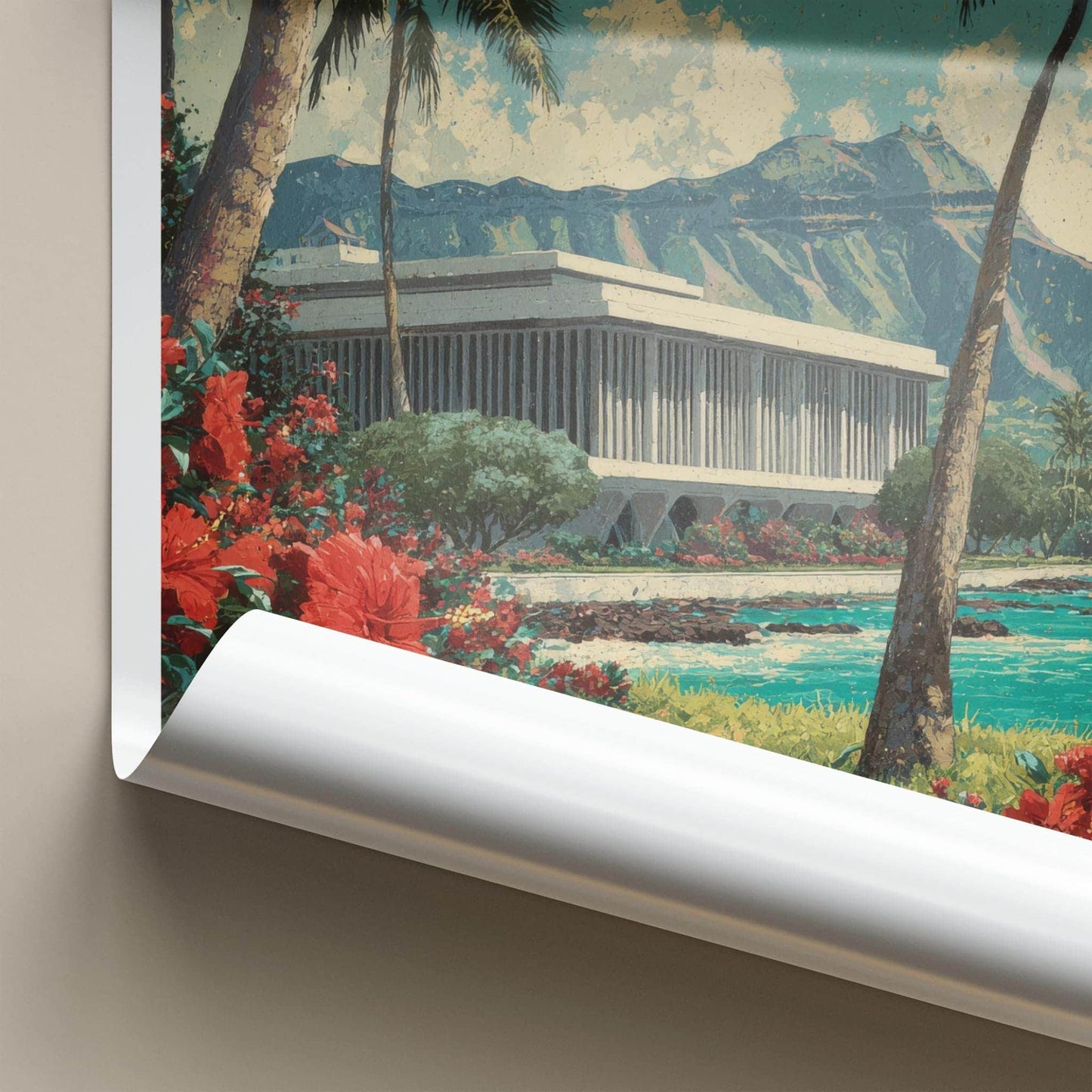 Honolulu Poster - Hawaii Travel Art - Palms Red Hibiscus Wall Decor