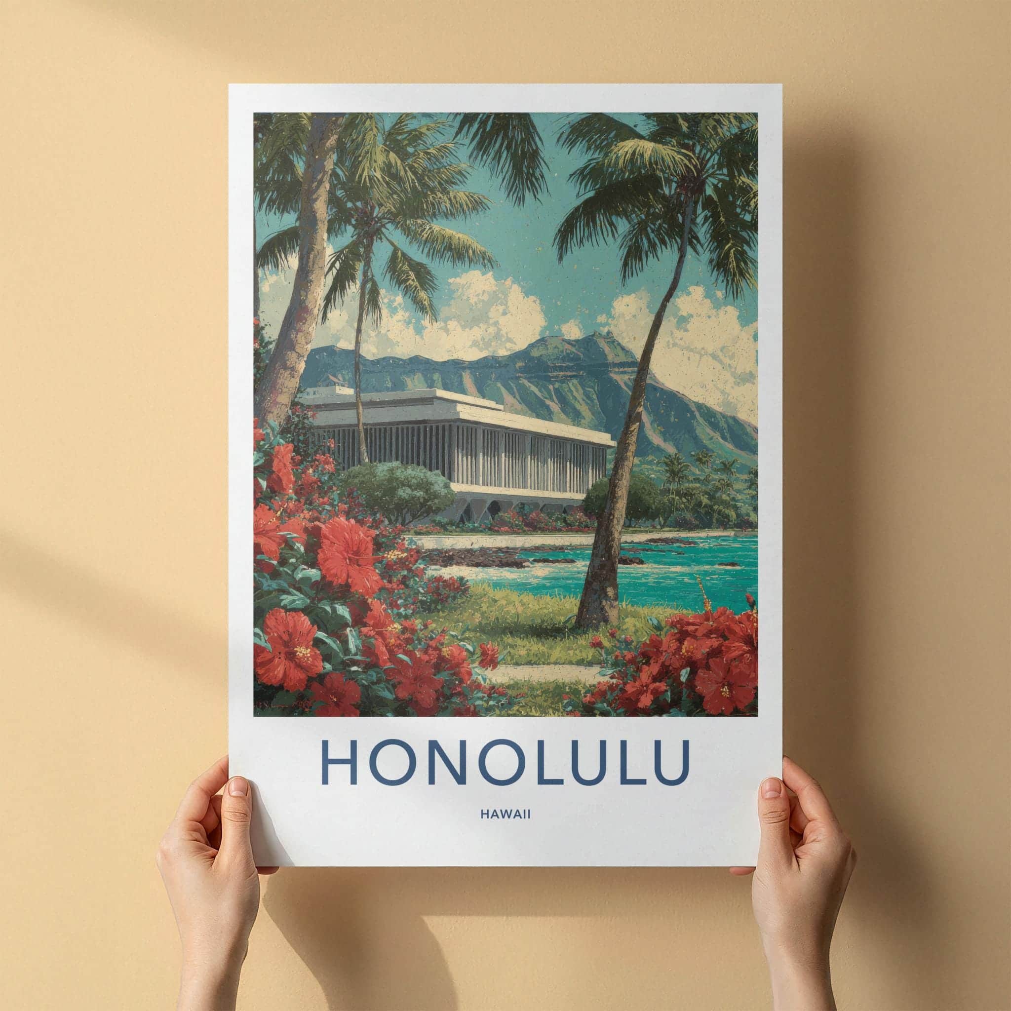Honolulu Poster - Hawaii Travel Art - Palms Red Hibiscus Wall Decor