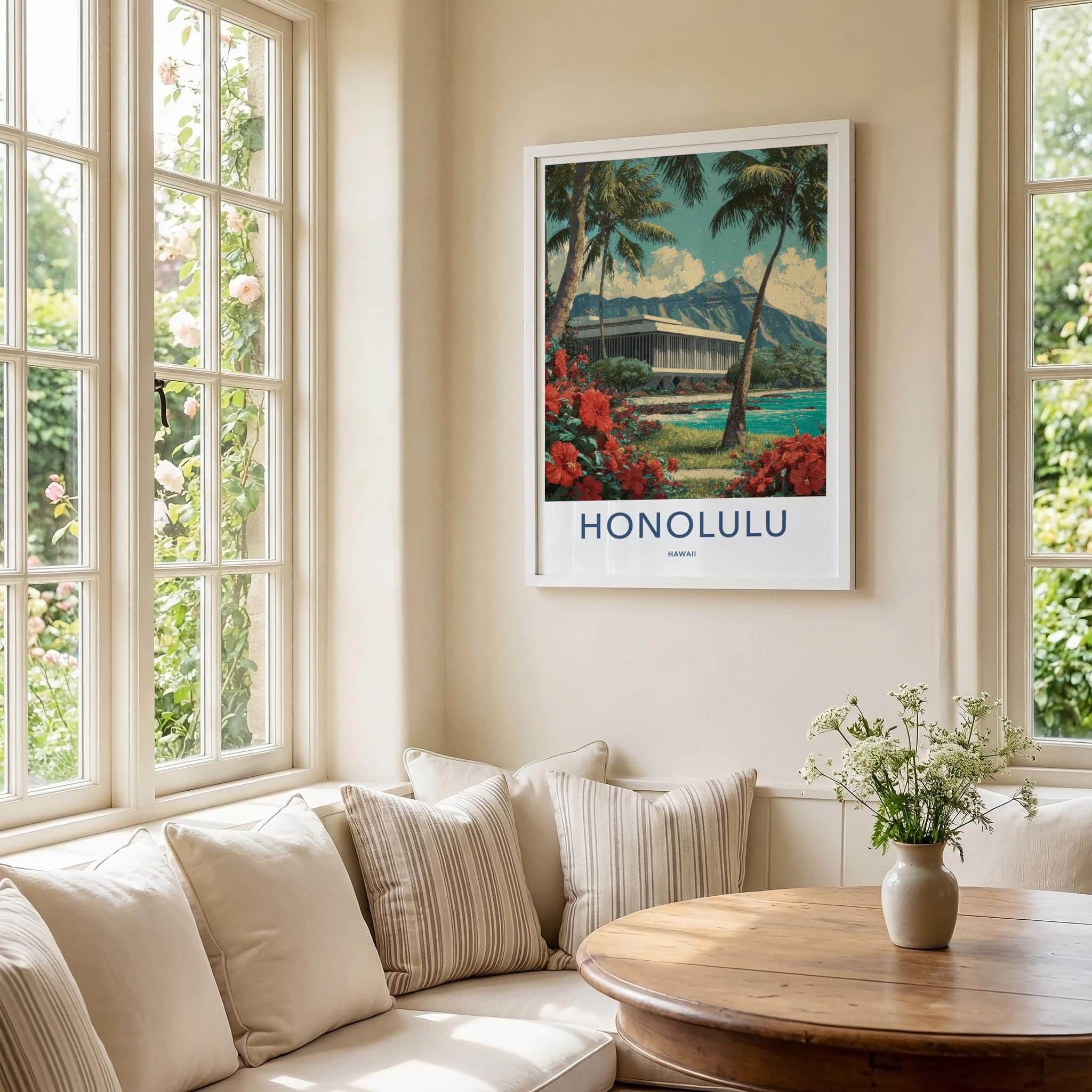 Honolulu Poster - Hawaii Travel Art - Palms Red Hibiscus Wall Decor