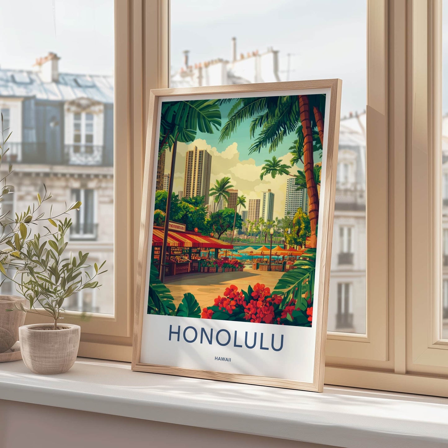 Honolulu Poster - Hawaii Travel Art - Tropical City Market Home Decor