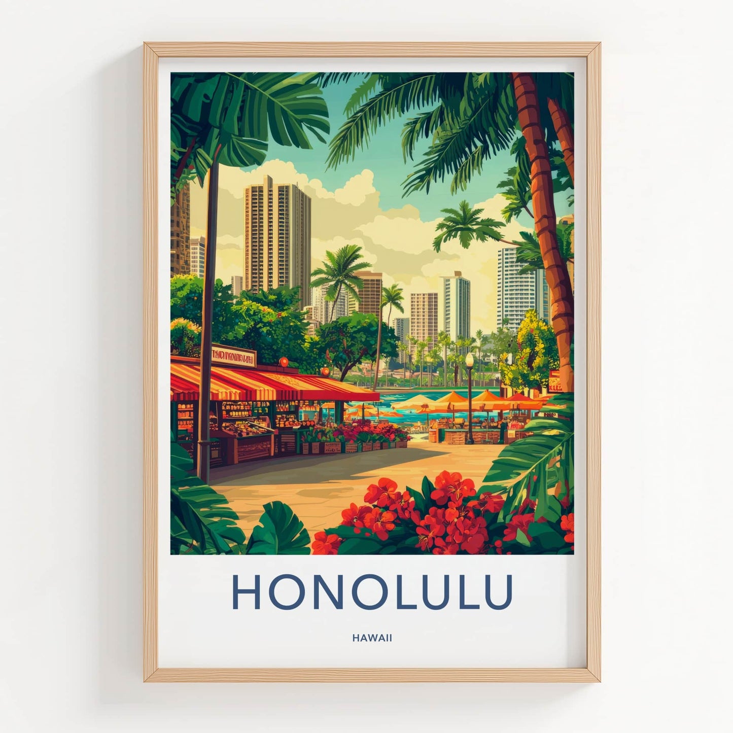Honolulu Poster - Hawaii Travel Art - Tropical City Market Home Decor