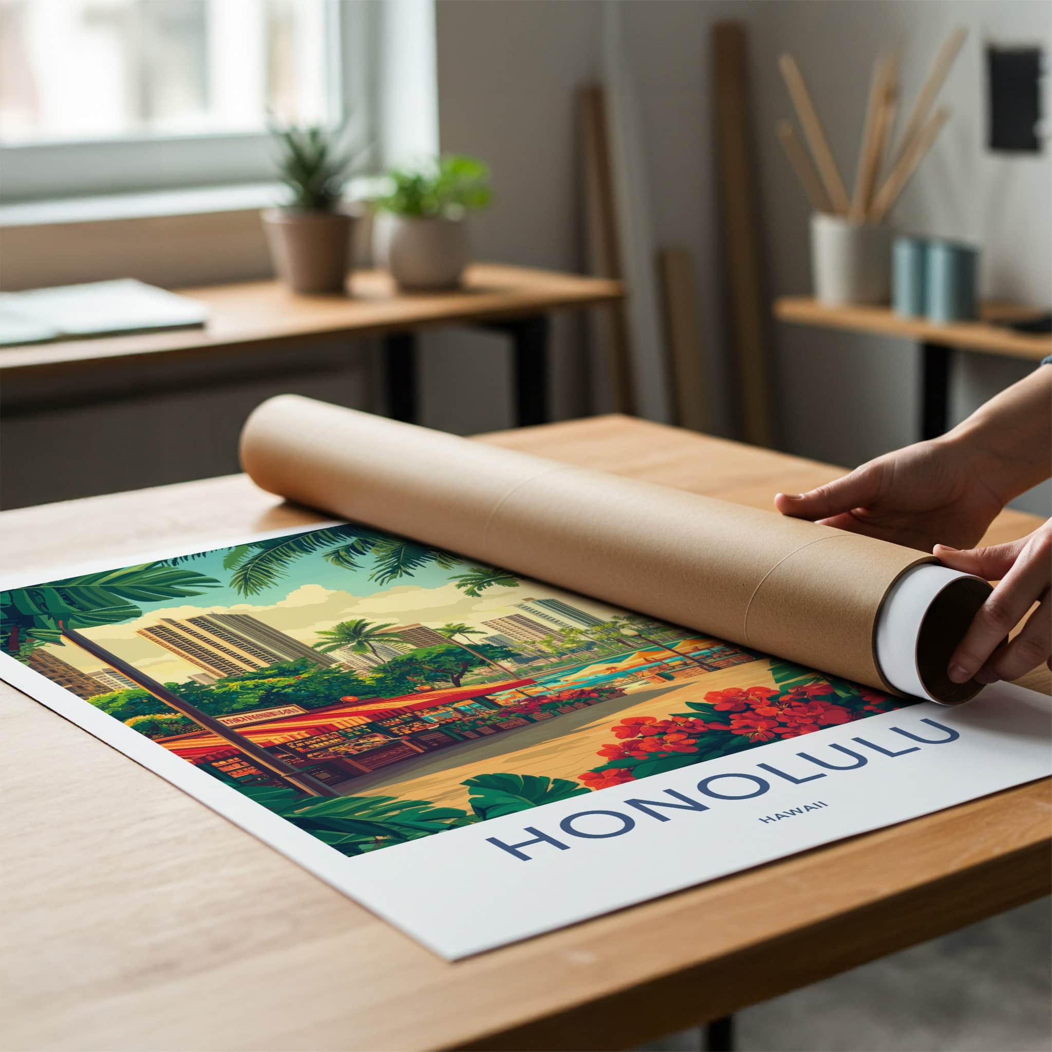 Honolulu Poster - Hawaii Travel Art - Tropical City Market Home Decor