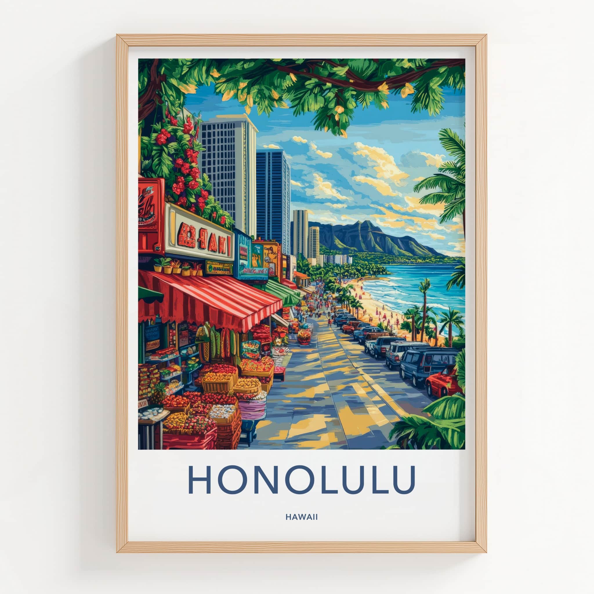 Honolulu Poster - Hawaii Travel Art - Vibrant Market Scene Home Decor