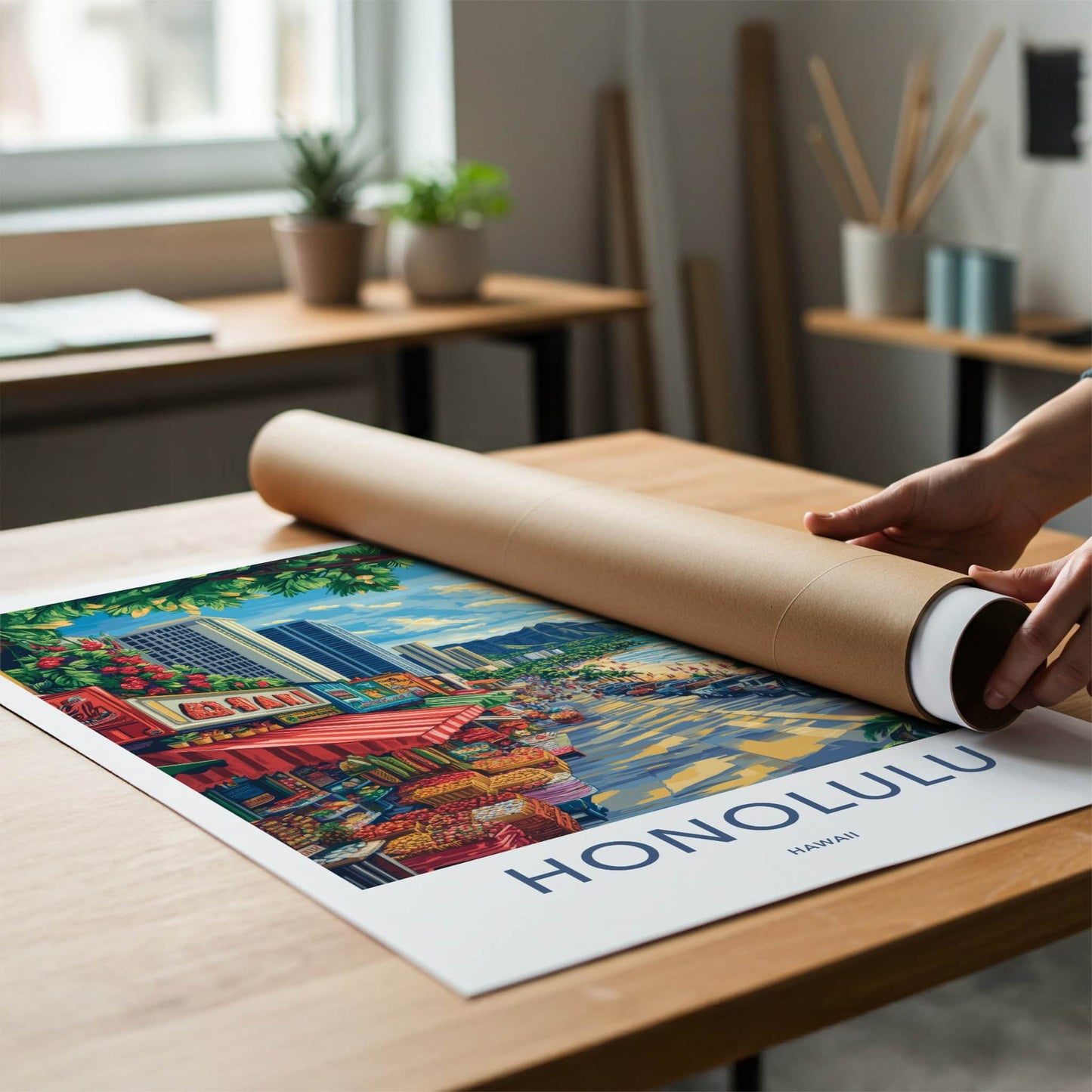 Honolulu Poster - Hawaii Travel Art - Vibrant Market Scene Home Decor