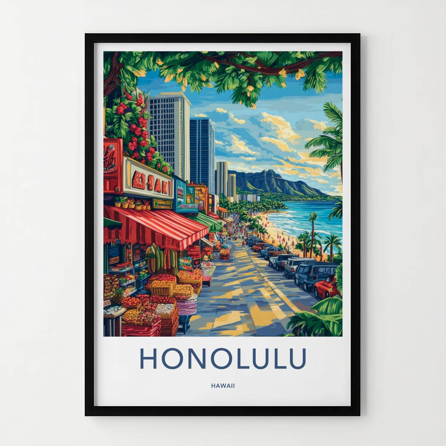 Honolulu Poster - Hawaii Travel Art - Vibrant Market Scene Home Decor